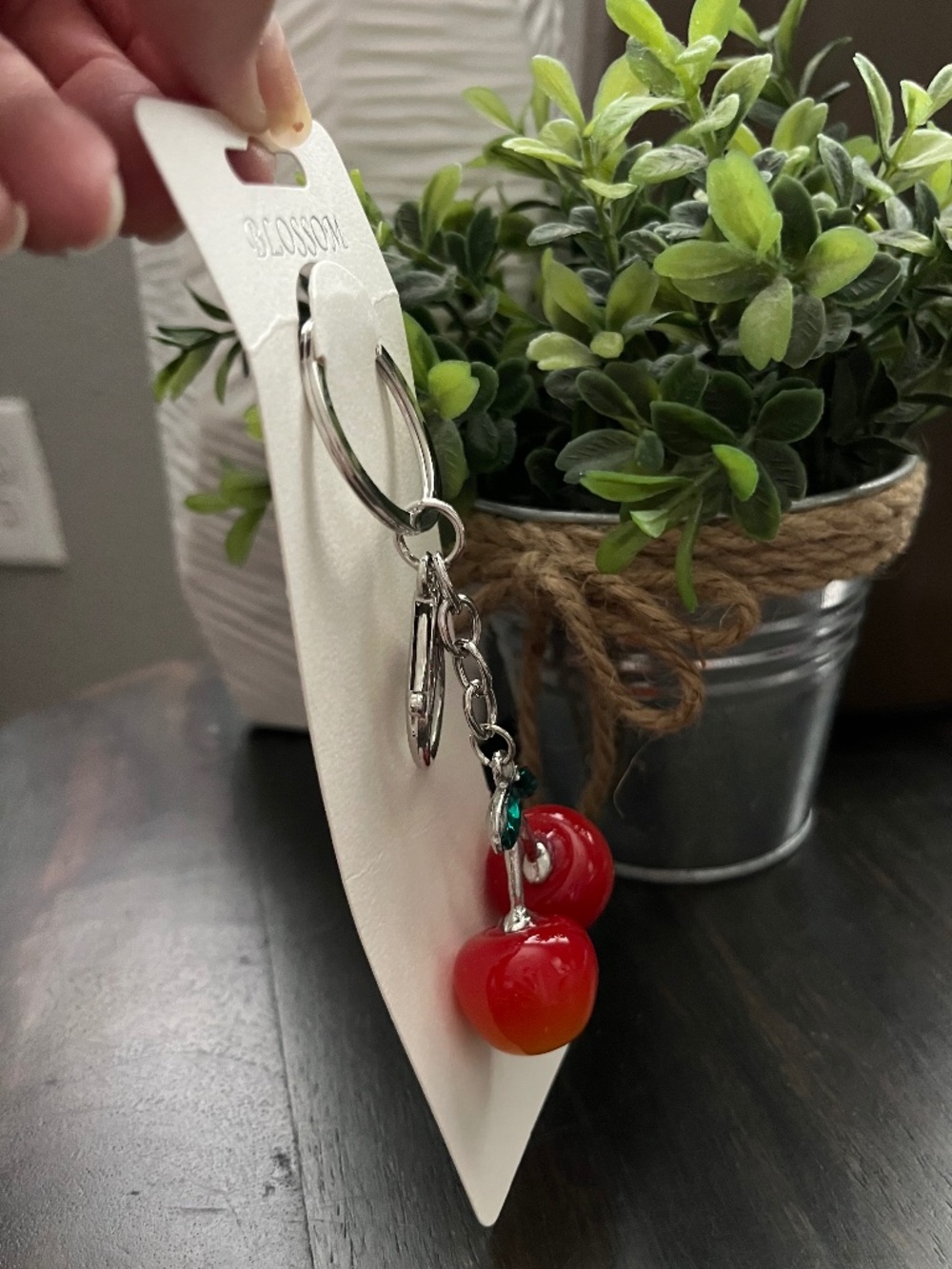 Cherry Keychain Bag Charm Gold Tone Enamel With Green Leave NEW - Picture 2 of 2